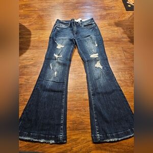 PETRA Dark Wash Distressed Mid Rise Stretched Flare Jeans